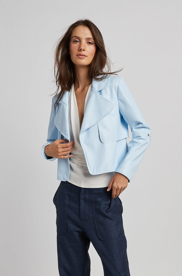 Adroit Atelier Ninon Short Vegan Leather Open Front Jacket in Sky Blue available at Barbara Katz