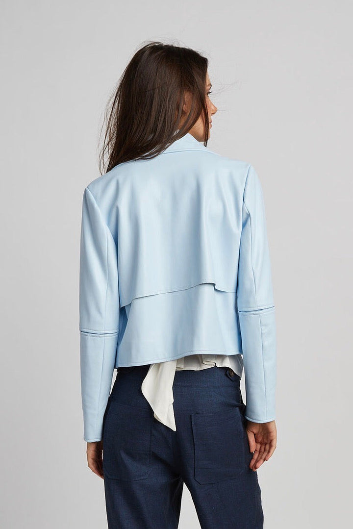 Adroit Atelier Ninon Short Vegan Leather Open Front Jacket in Sky Blue available at Barbara Katz