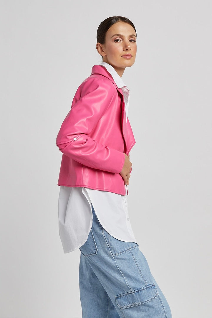 Adroit Atelier Ninon Short Vegan Leather Open Front Jacket in Fuchsia available at Barbara Katz