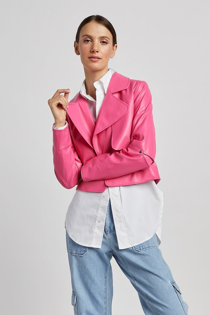 Adroit Atelier Ninon Short Vegan Leather Open Front Jacket in Fuchsia available at Barbara Katz