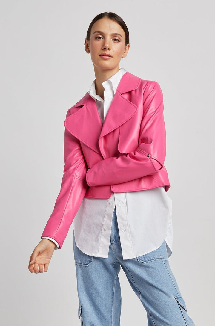 Adroit Atelier Ninon Short Vegan Leather Open Front Jacket in Fuchsia available at Barbara Katz