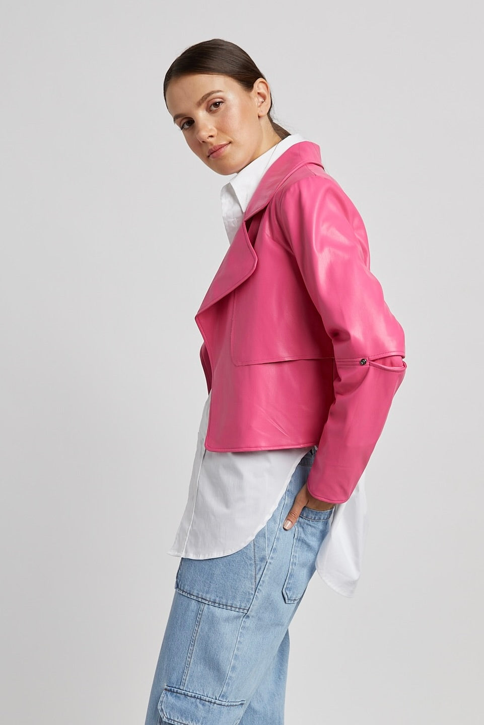 Adroit Atelier Ninon Short Vegan Leather Open Front Jacket in Fuchsia available at Barbara Katz