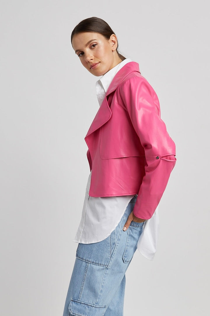 Adroit Atelier Ninon Short Vegan Leather Open Front Jacket in Fuchsia available at Barbara Katz