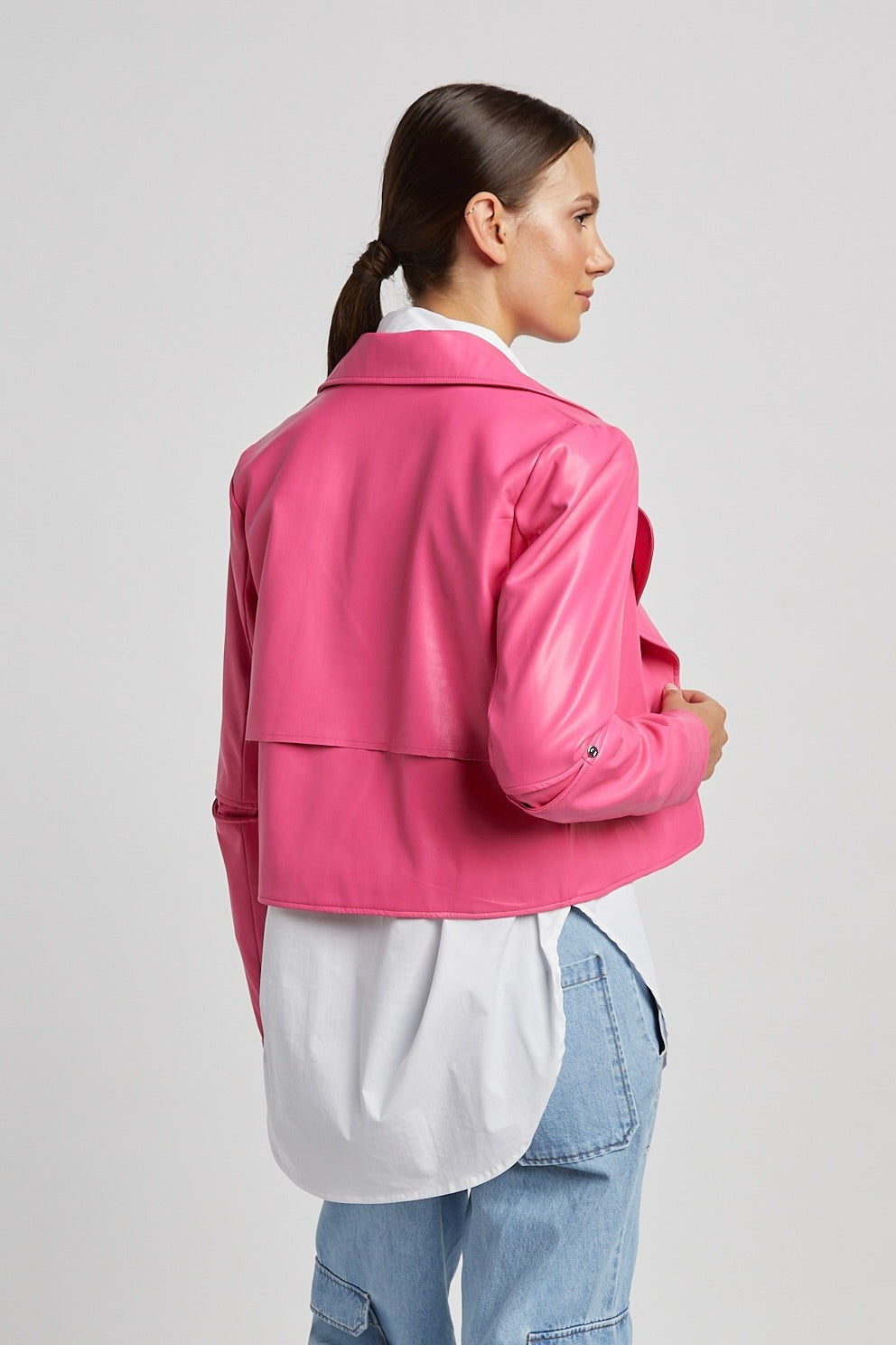 Adroit Atelier Ninon Short Vegan Leather Open Front Jacket in Fuchsia available at Barbara Katz