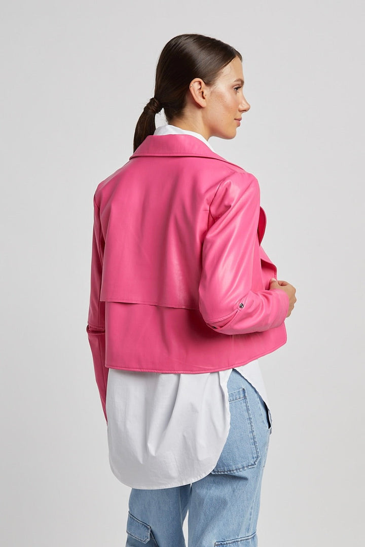Adroit Atelier Ninon Short Vegan Leather Open Front Jacket in Fuchsia available at Barbara Katz