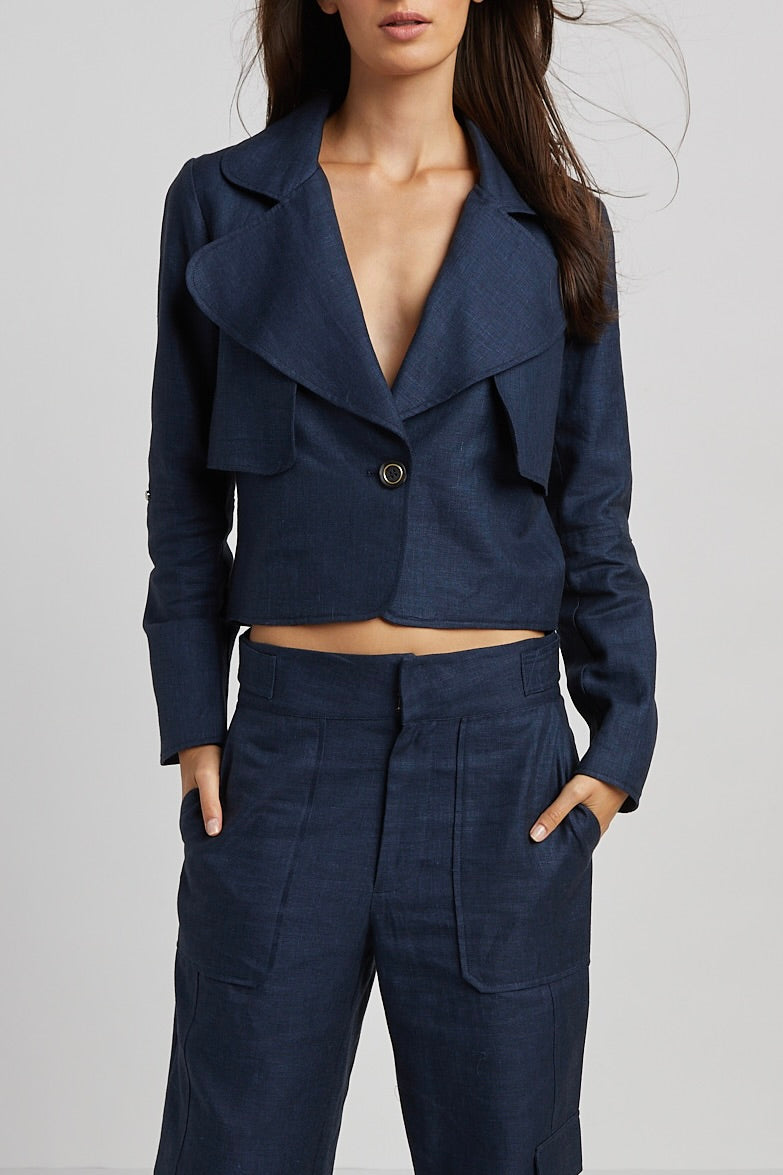 Adroit Atelier's Ninon Linen Blend Jacket with Button Closure in Navy