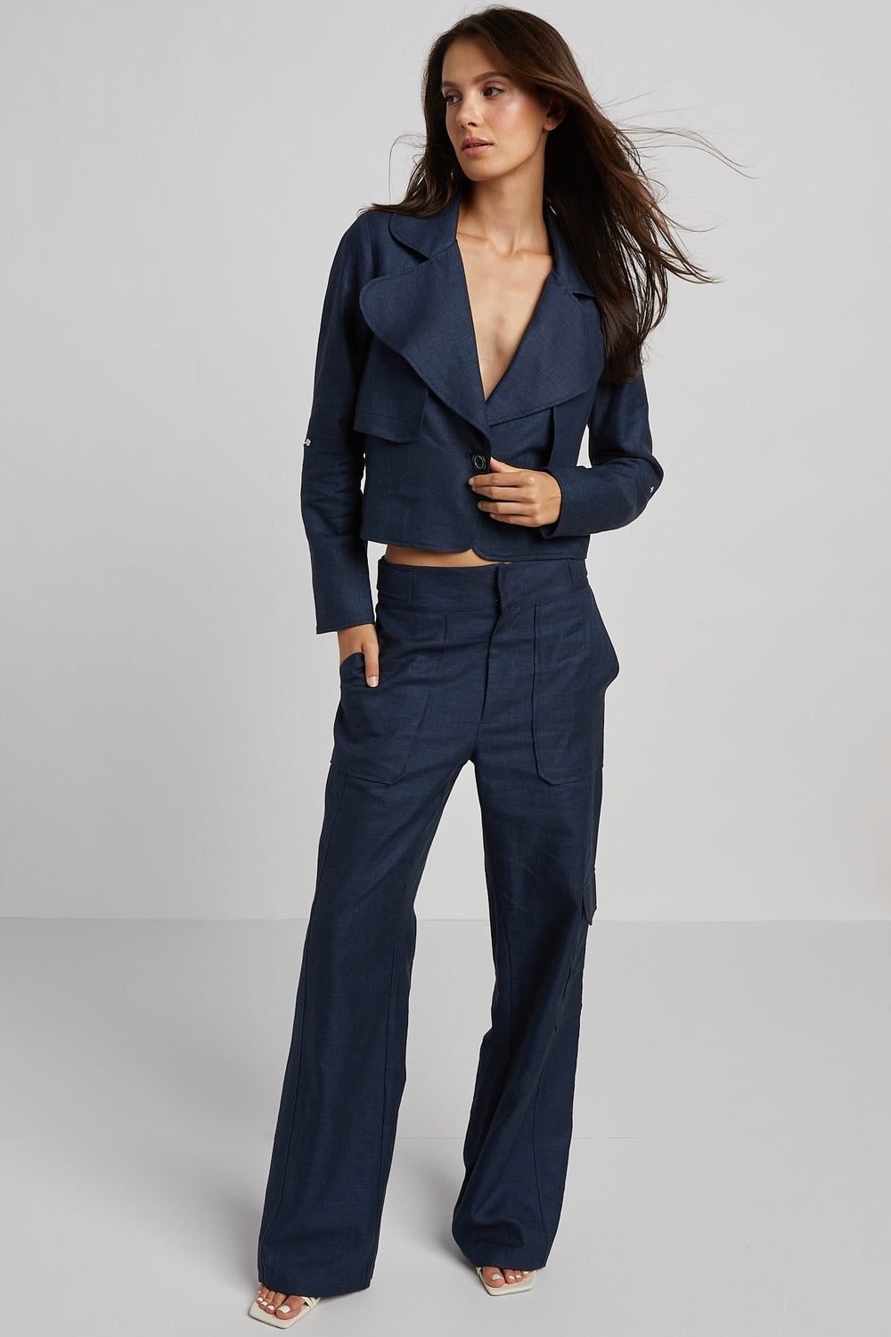Adroit Atelier Nolan Slightly Wide Leg Cargo Pants in Navy available at Barbara Katz