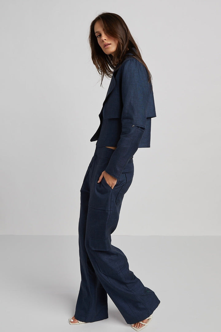 Adroit Atelier Nolan Slightly Wide Leg Cargo Pants in Navy available at Barbara Katz