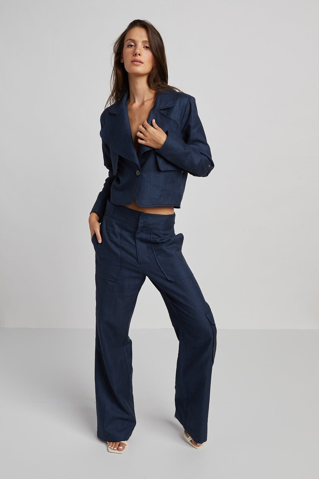 Adroit Atelier Nolan Slightly Wide Leg Cargo Pants in Navy available at Barbara Katz