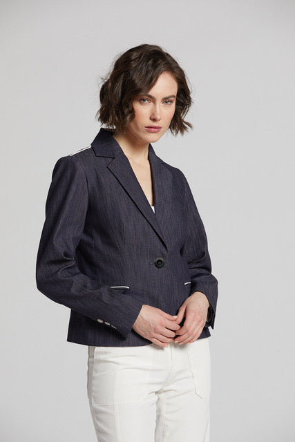 Noa Single Breasted Stretch Blazer With Piping - Denim Blue/White