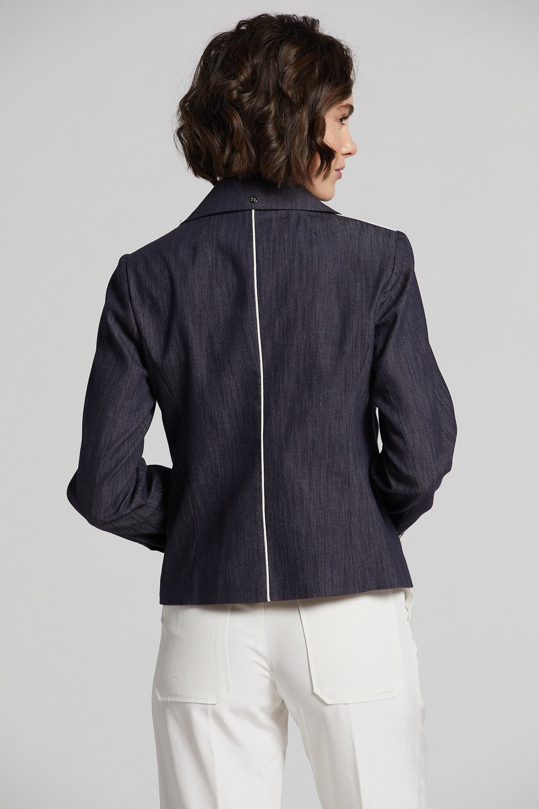 Noa Single Breasted Stretch Blazer With Piping - Denim Blue/White