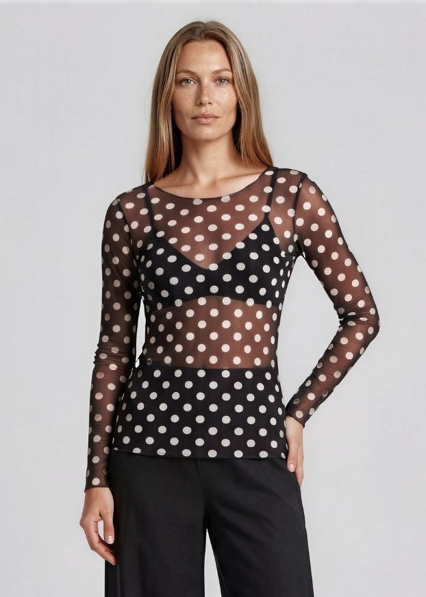 AMB Polka Dot on Black NudiTee Sheer Top available at Barbara Katz