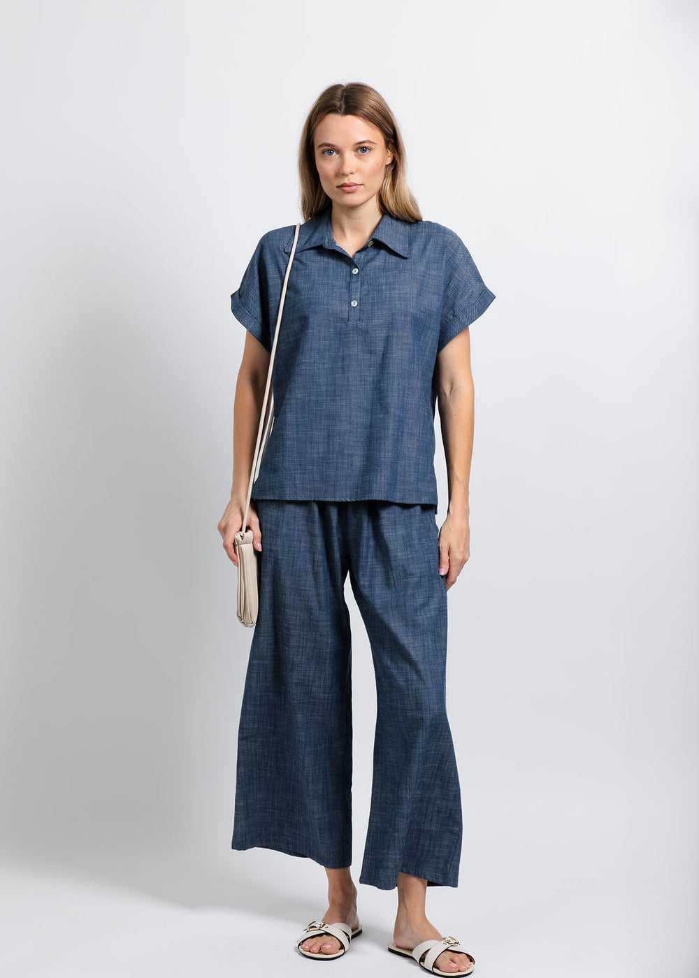 Nally & Millie Ariel Polo in Chambray paired with matching Ariel Pants available at Barbara Katz