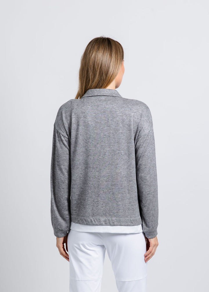 Nally & Millie Carmen Cashmere Like Layered Polo in Heather Grey available at Barbara Katz