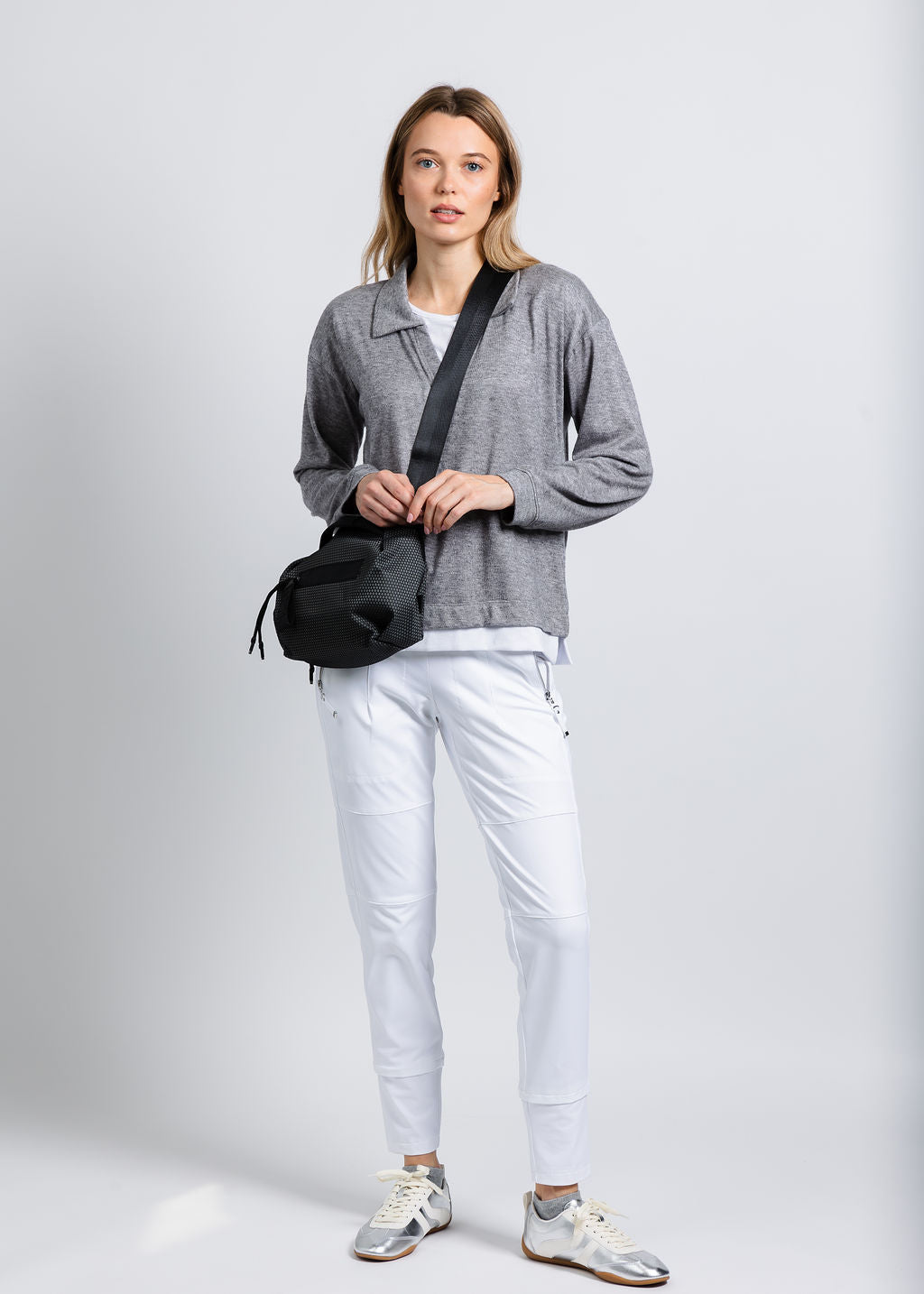 Nally & Millie Carmen Cashmere Like Layered Polo in Heather Grey available at Barbara Katz