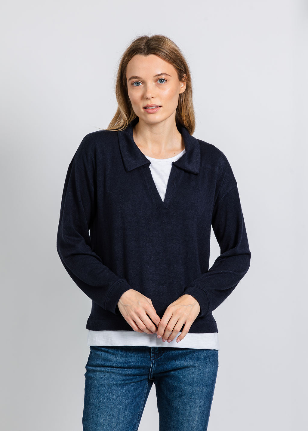 Nally & Millie Carmen Cashmere Like Layered Polo in Midnight available at Barbara Katz