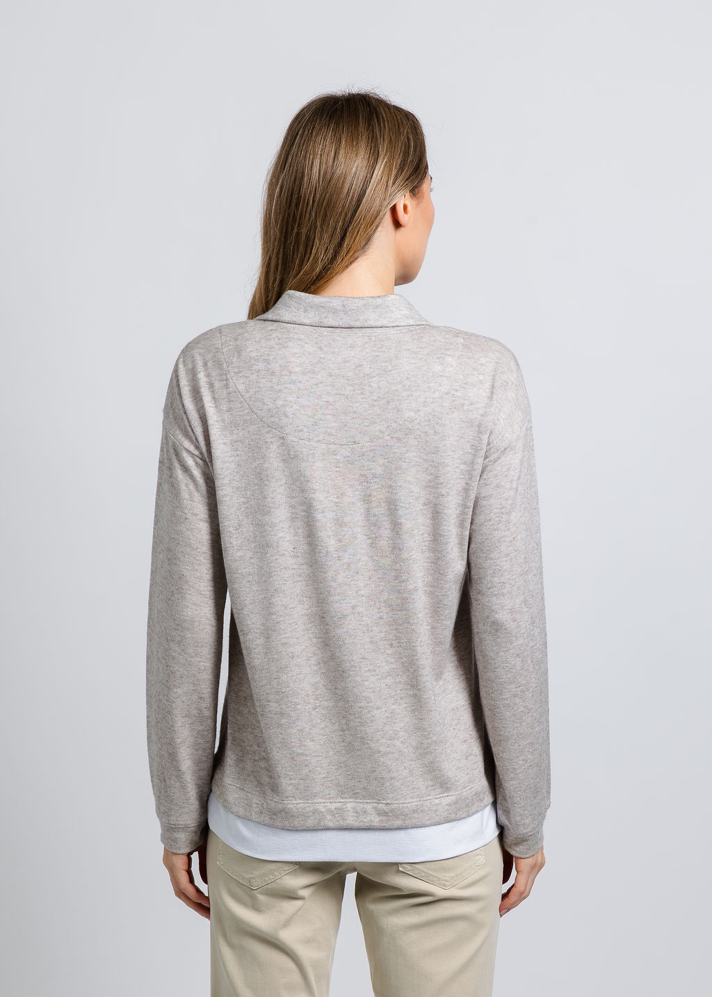 Nally & Millie Carmen Cashmere Like Layered Polo in Oatmeal available at Barbara Katz