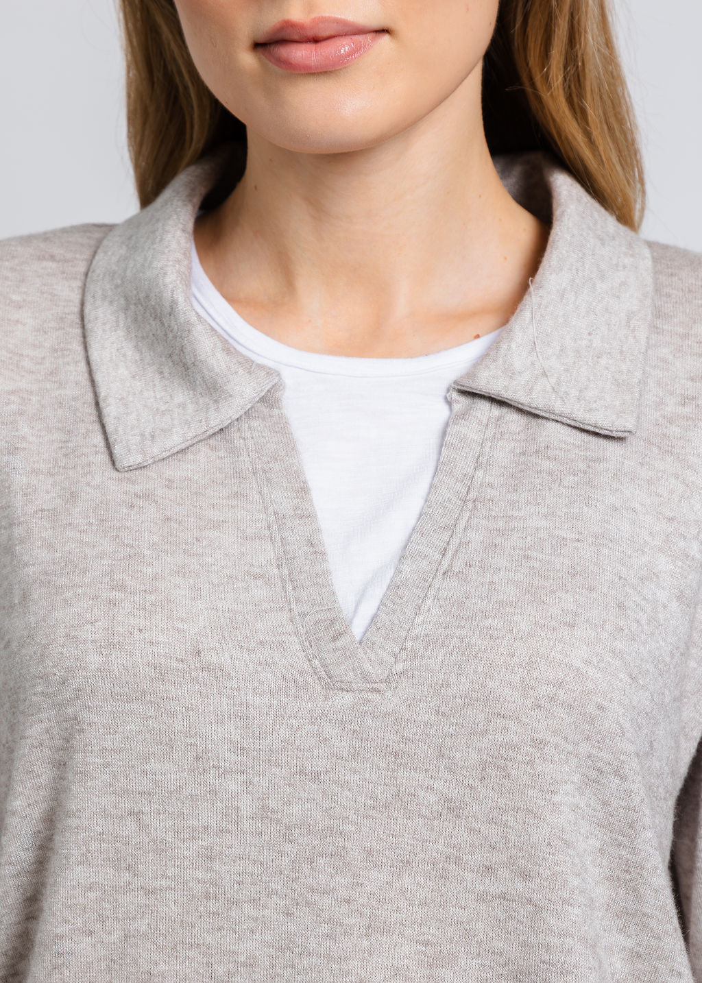Nally & Millie Carmen Cashmere Like Layered Polo in Oatmeal available at Barbara Katz