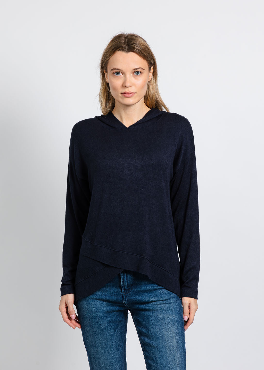 Nally & Millie Claudia Cashmere Like Hoodie in Midnight available at Barbara Katz