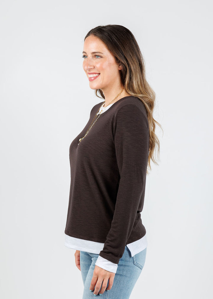 Nally & Millie Lucy Long Sleeve Layered Tee in Chocolate available at Barbara Katz
