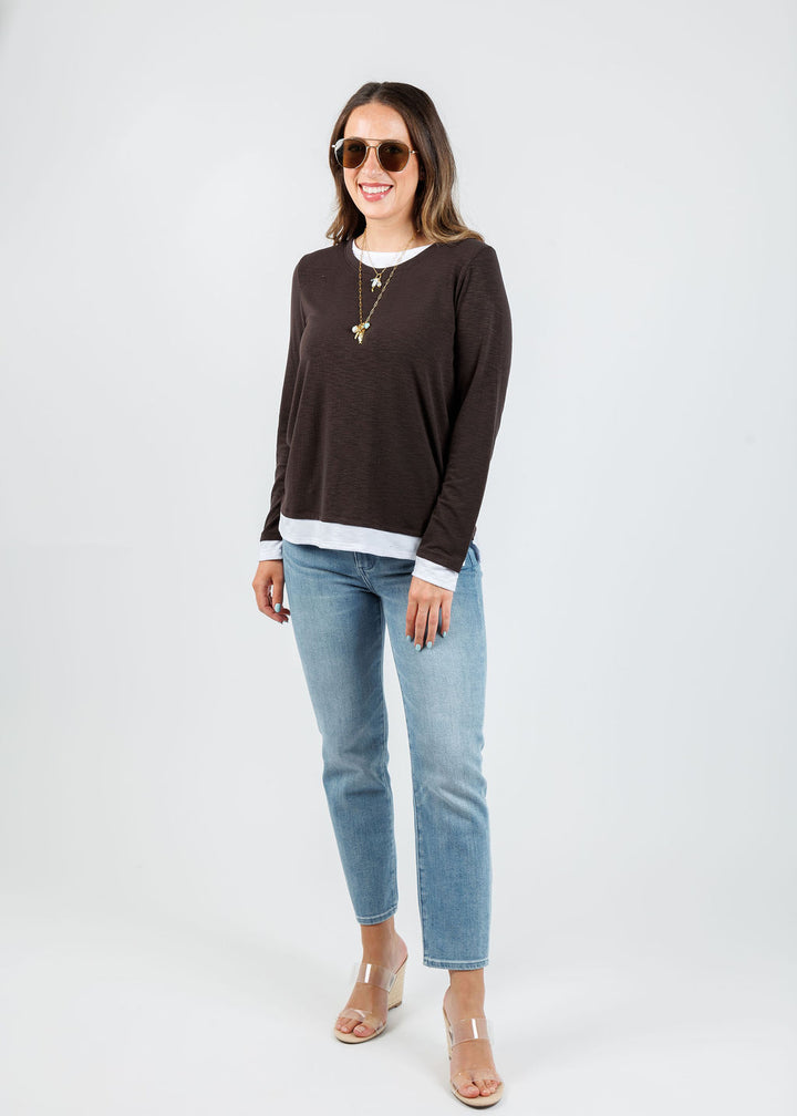 Nally & Millie Lucy Long Sleeve Layered Tee in Chocolate paired with Pistola Monroe Crop Jeans in Hill available at Barbara Katz