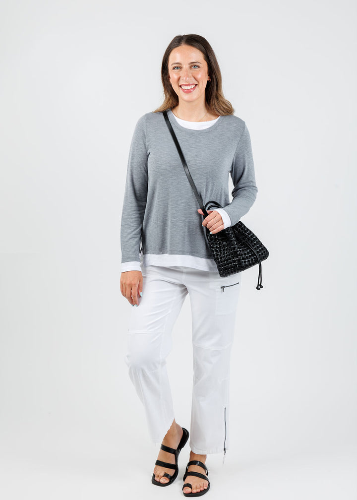 Nally & Millie Lucy Long Sleeve Layered Tee in Grey paired with Marrakech Cyprus Pants in White, Remi/Reid Perrie Mini Bucket Bag in Black available at Barbara Katz