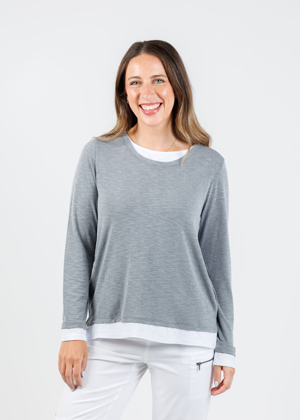Nally & Millie Lucy Long Sleeve Layered Tee in Grey available at Barbara Katz