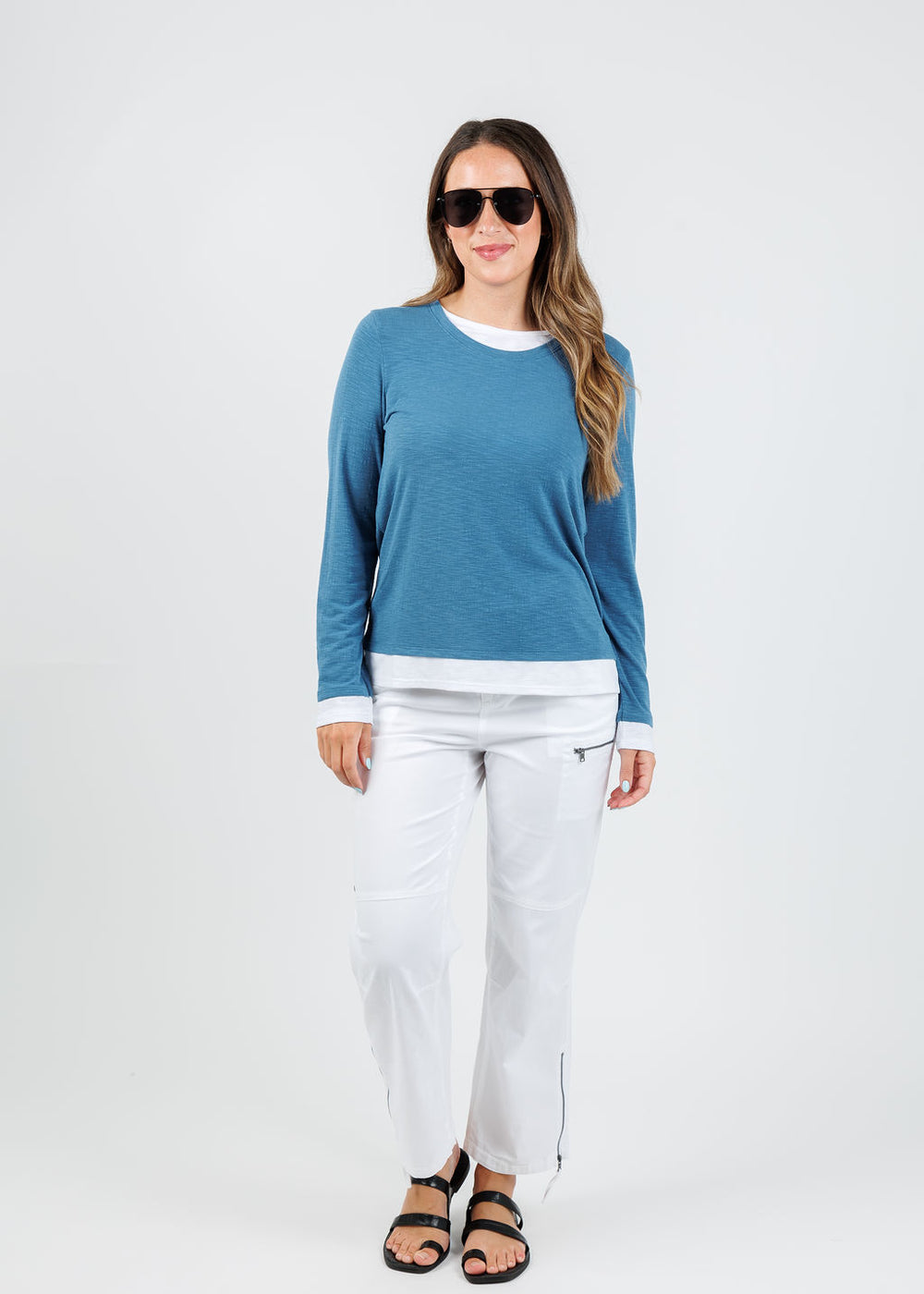 Nally & Millie Lucy Long Sleeve Layered Tee in Lapis paired with Marrakech Cyprus Pants in White available at Barbara Katz