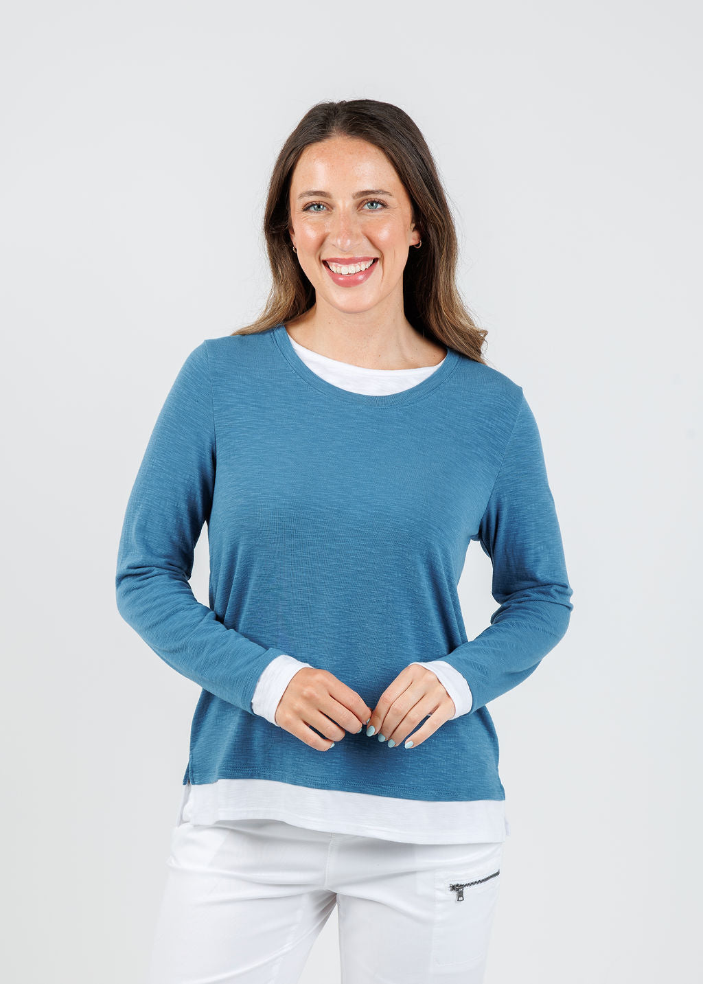 Nally & Millie Lucy Long Sleeve Layered Tee in Lapis available at Barbara Katz