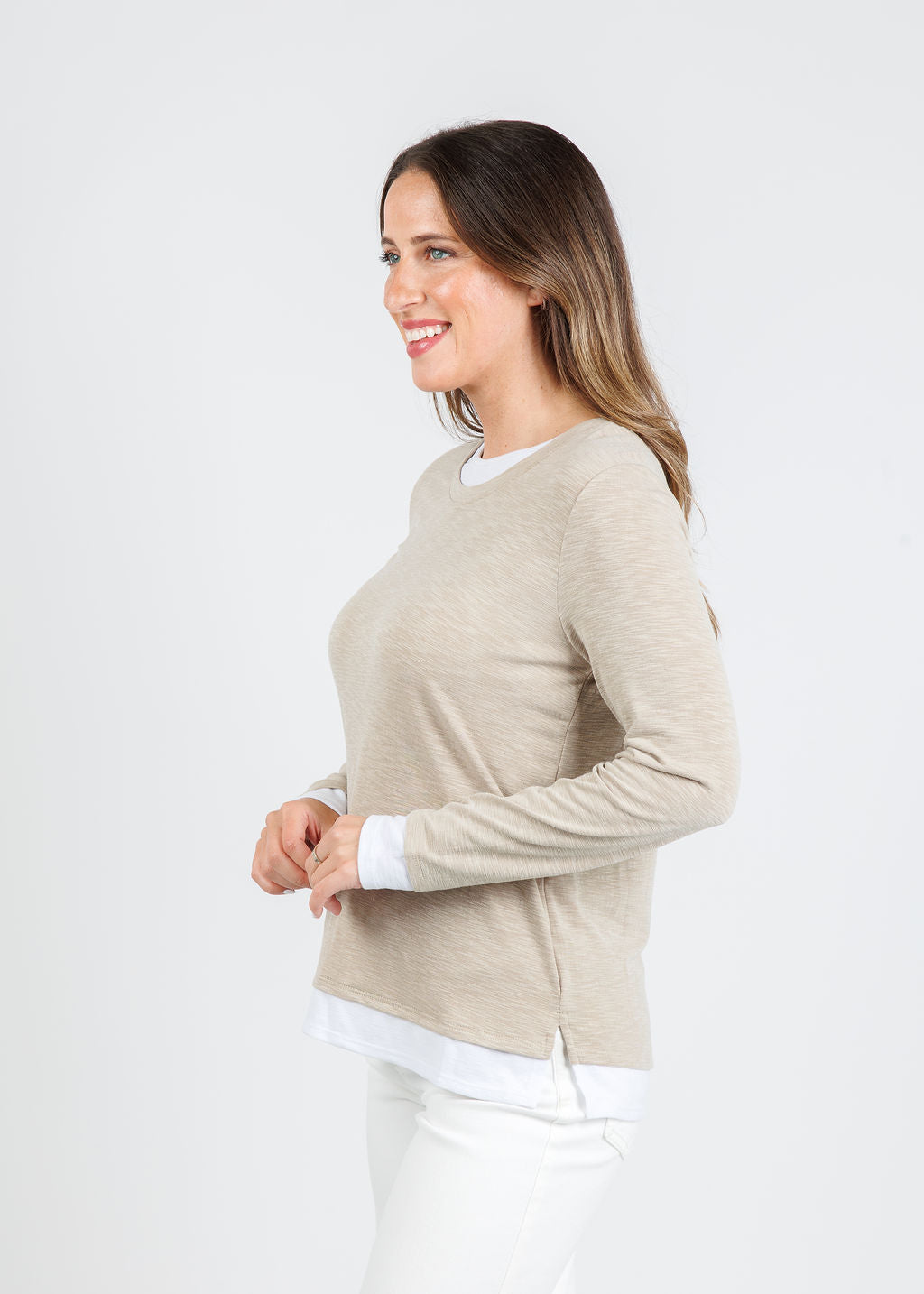 Nally & Millie Lucy Long Sleeve Layered Tee in Khaki available at Barbara Katz