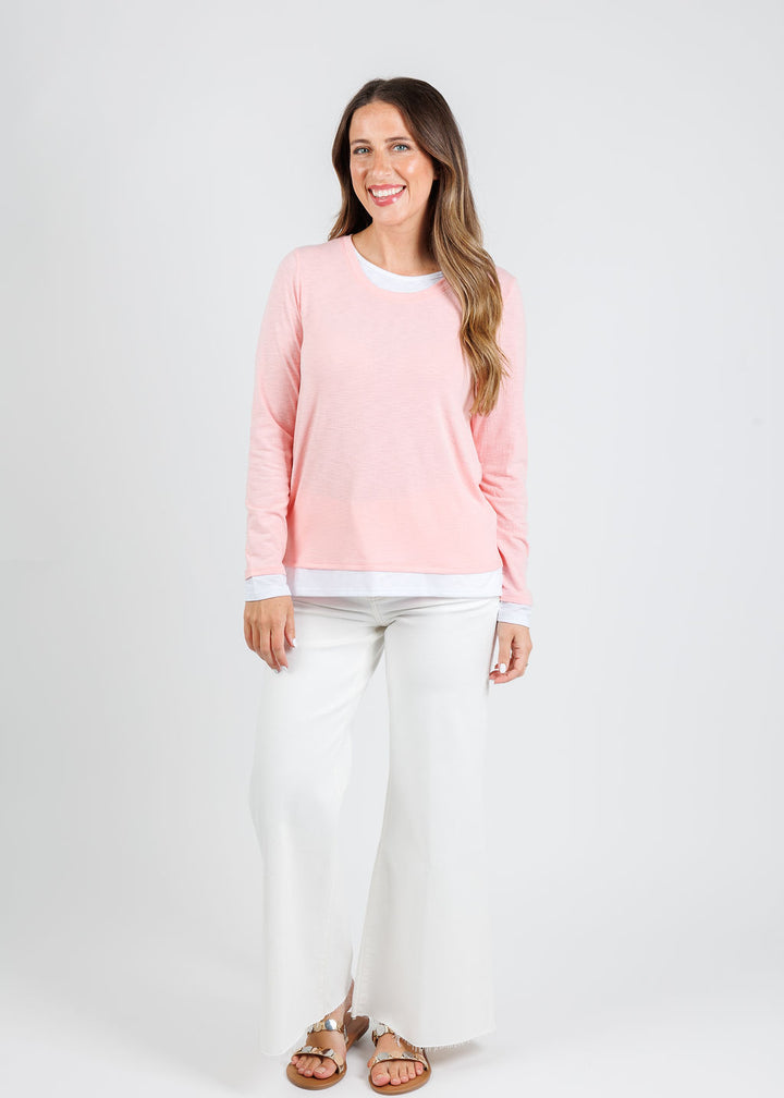 Nally & Millie Lucy Long Sleeve Layered Tee in Pink paired with Frame Le Palazzo Crop Jeans in Au Natural Clean Raw After available at Barbara Katz