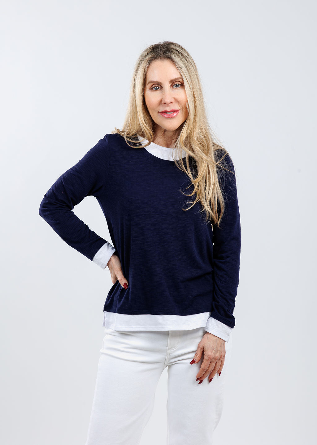 Nally & Millie Lucy Long Sleeve Layered Tee in Blue Night available at Barbara Katz
