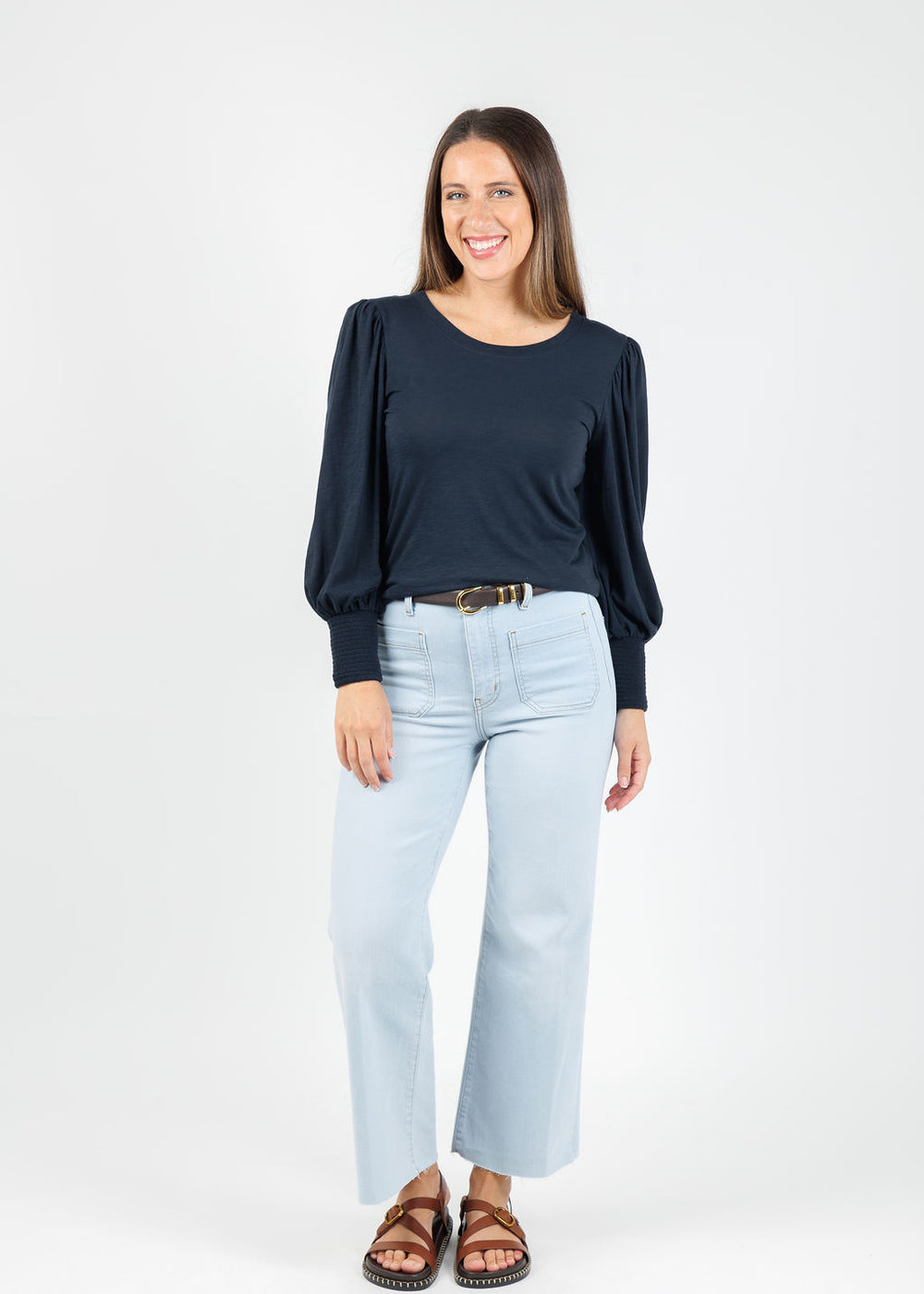 Nation Loren Smocked Peasant Tee in Night Sky paired with Frame The Anchor Pants in Float Raw Fray available at Barbara Katz