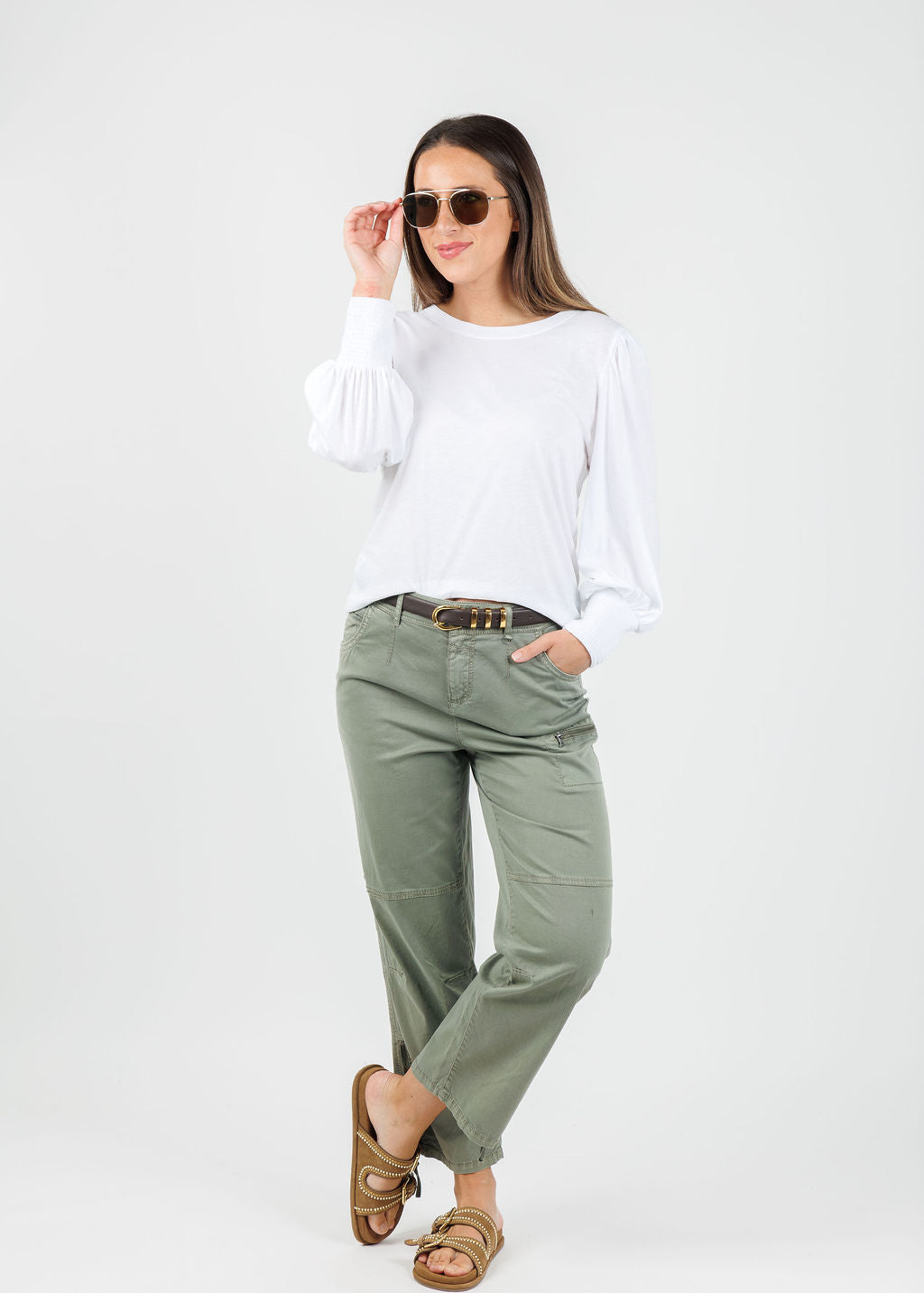 Nation Loren Smocked Peasant Tee in White paired with Marrakech Cyprus Pants in Vetiver available at Barbara Katz