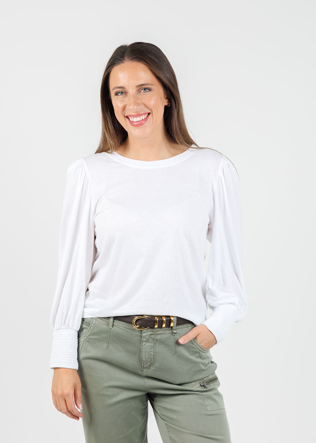 Nation Los Angeles Loren Smocked Peasant Tee in White available at Barbara Katz