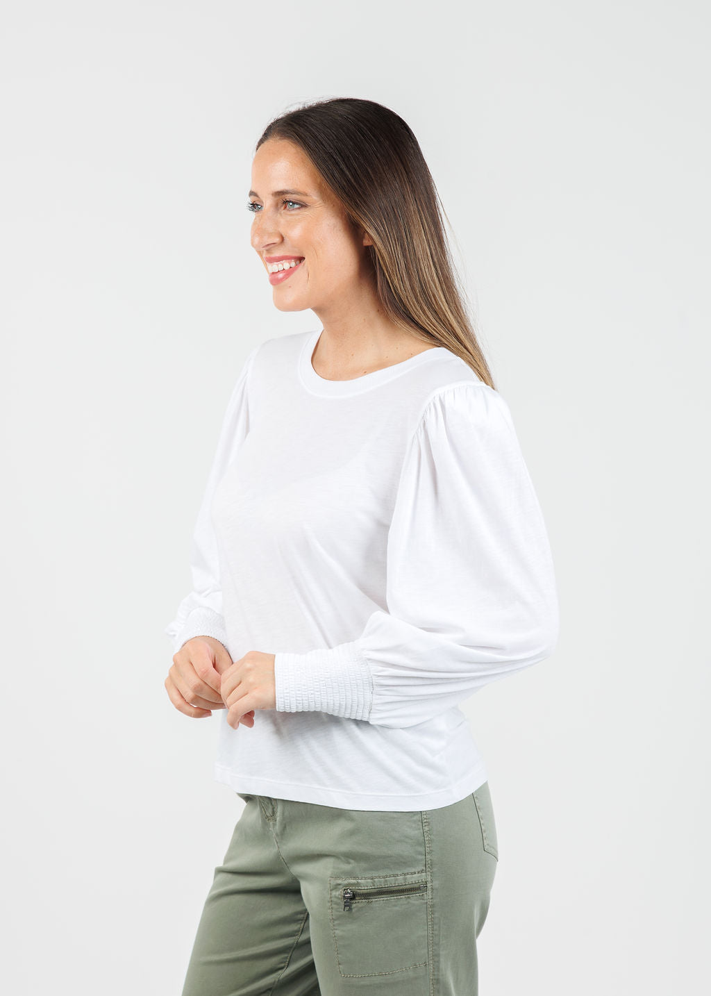 Nation Los Angeles Loren Smocked Peasant Tee in White available at Barbara Katz