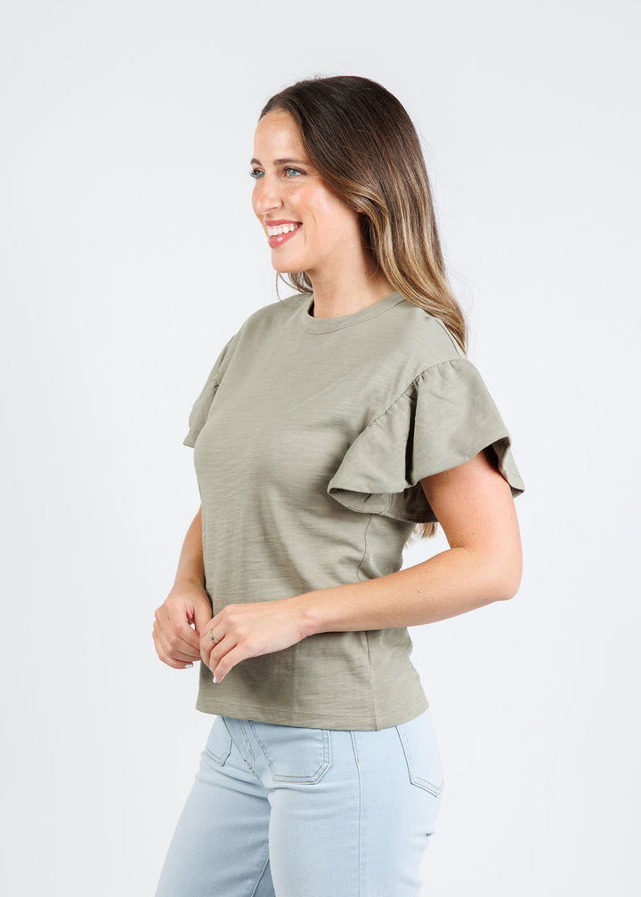 Nation Los Angeles Camille Ruffle Sleeve Top in Herb available at Barbara Katz