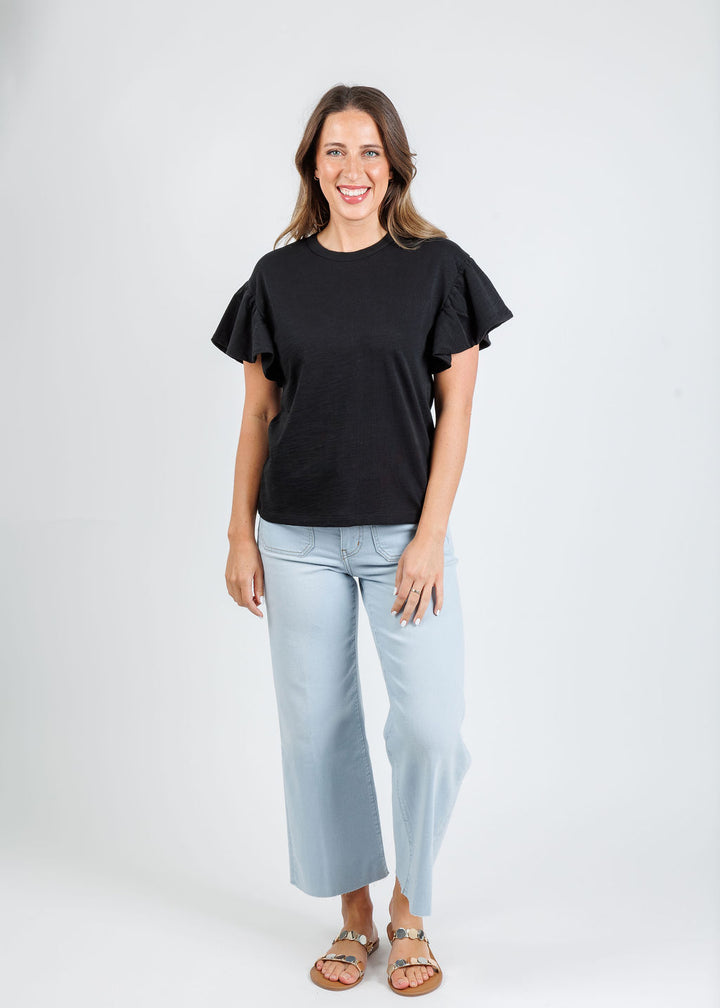 Nation Los Angeles Camille Ruffle Sleeve Top in Jet Black paired with Frame The Anchor Pants in Float Raw Fray available at Barbara Katz