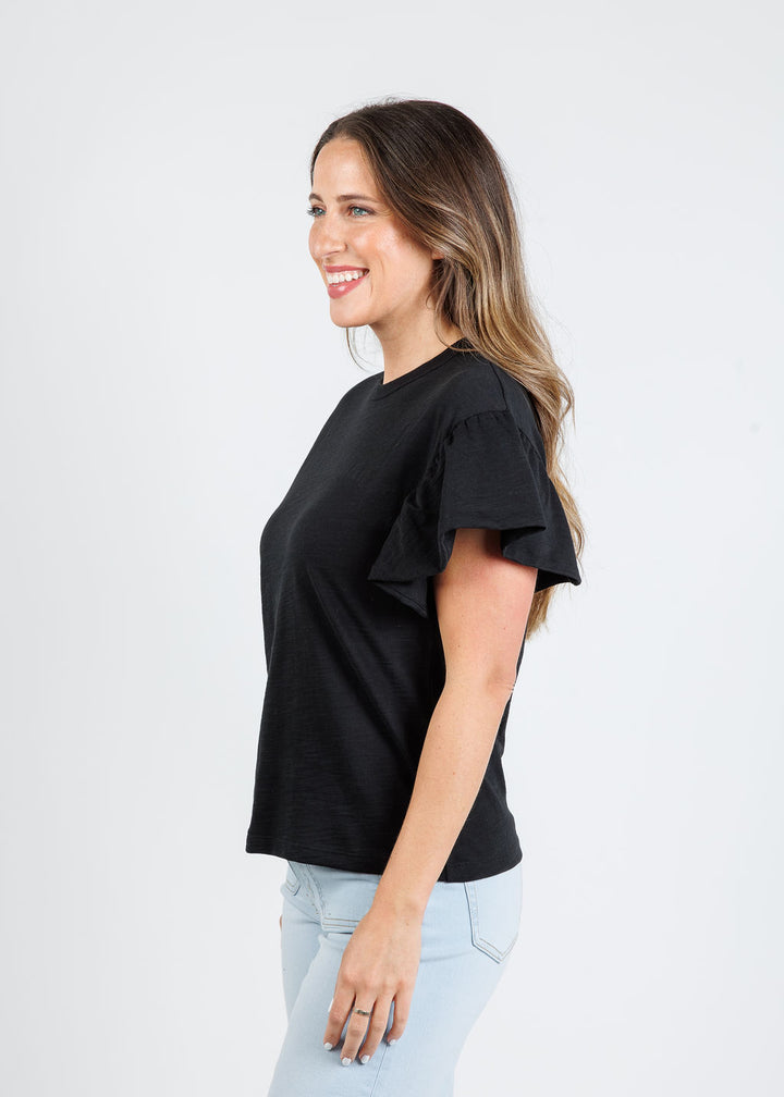 Nation Los Angeles Camille Ruffle Sleeve Top in Jet Black available at Barbara Katz