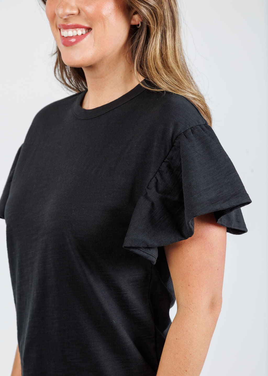 Nation Los Angeles Camille Ruffle Sleeve Top in Jet Black available at Barbara Katz