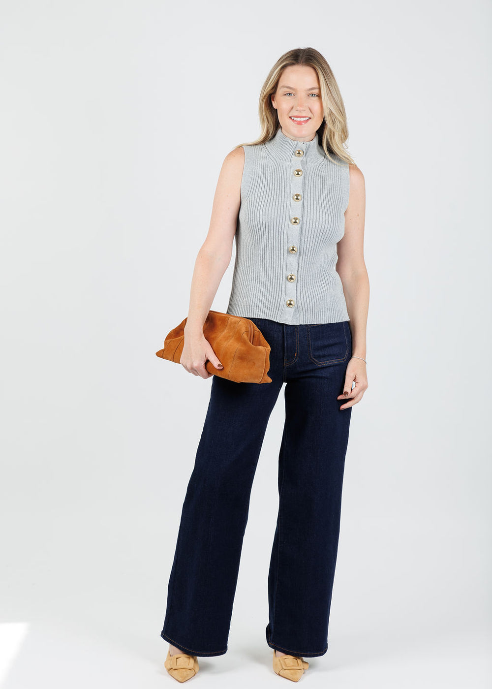 Nation Ira Sweater Vest in Heather Grey with B-Low the Belt Rowe Suede Clutch in Cuoio available at Barbara Katz