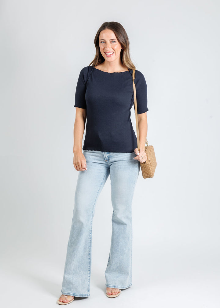 Nation Los Angeles Julee Top in Night Sky paired with Pistola Kinsley Ultra Flare Jeans in Serenity available at Barbara Katz