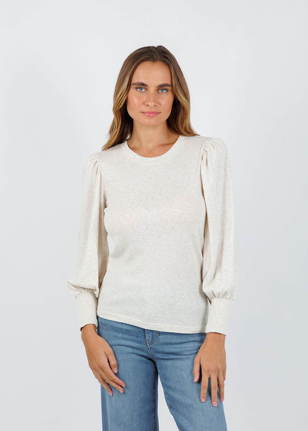 Nation Los Angeles Loren Smocked Peasant Tee in Heather Oatmeal available at Barbara Katz