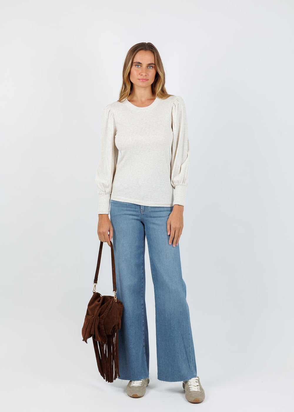 Nation Los Angeles Loren Smocked Peasant Tee in Heather Oatmeal available at Barbara Katz