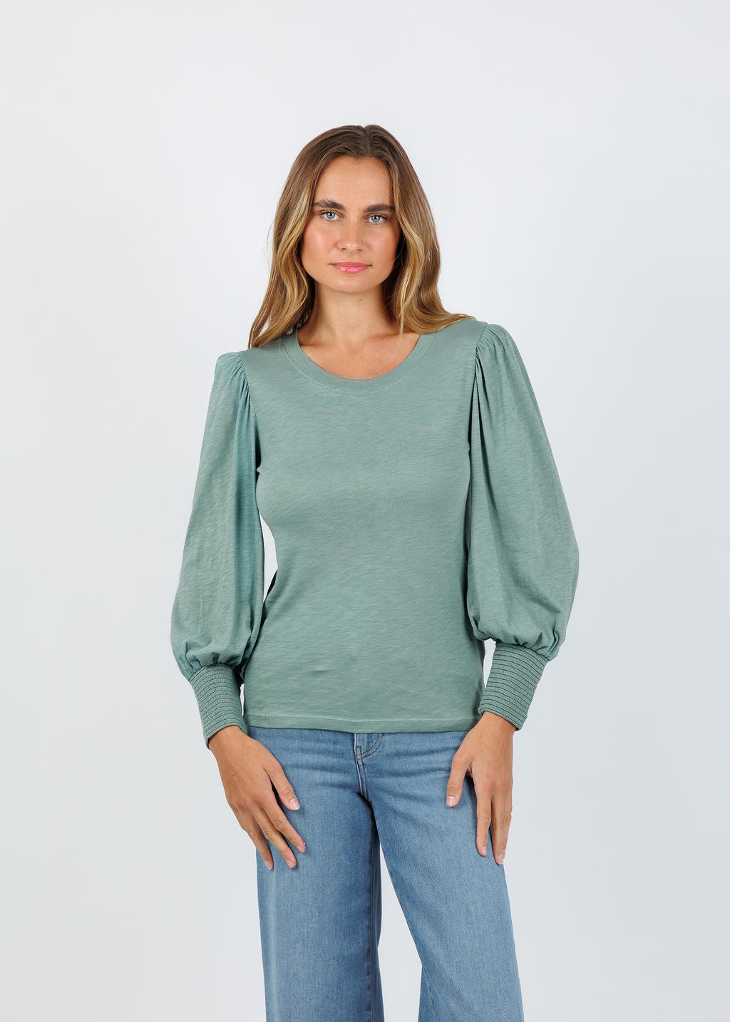 Nation Los Angeles Loren Smocked Peasant Tee in Sagebrush available at Barbara Katz