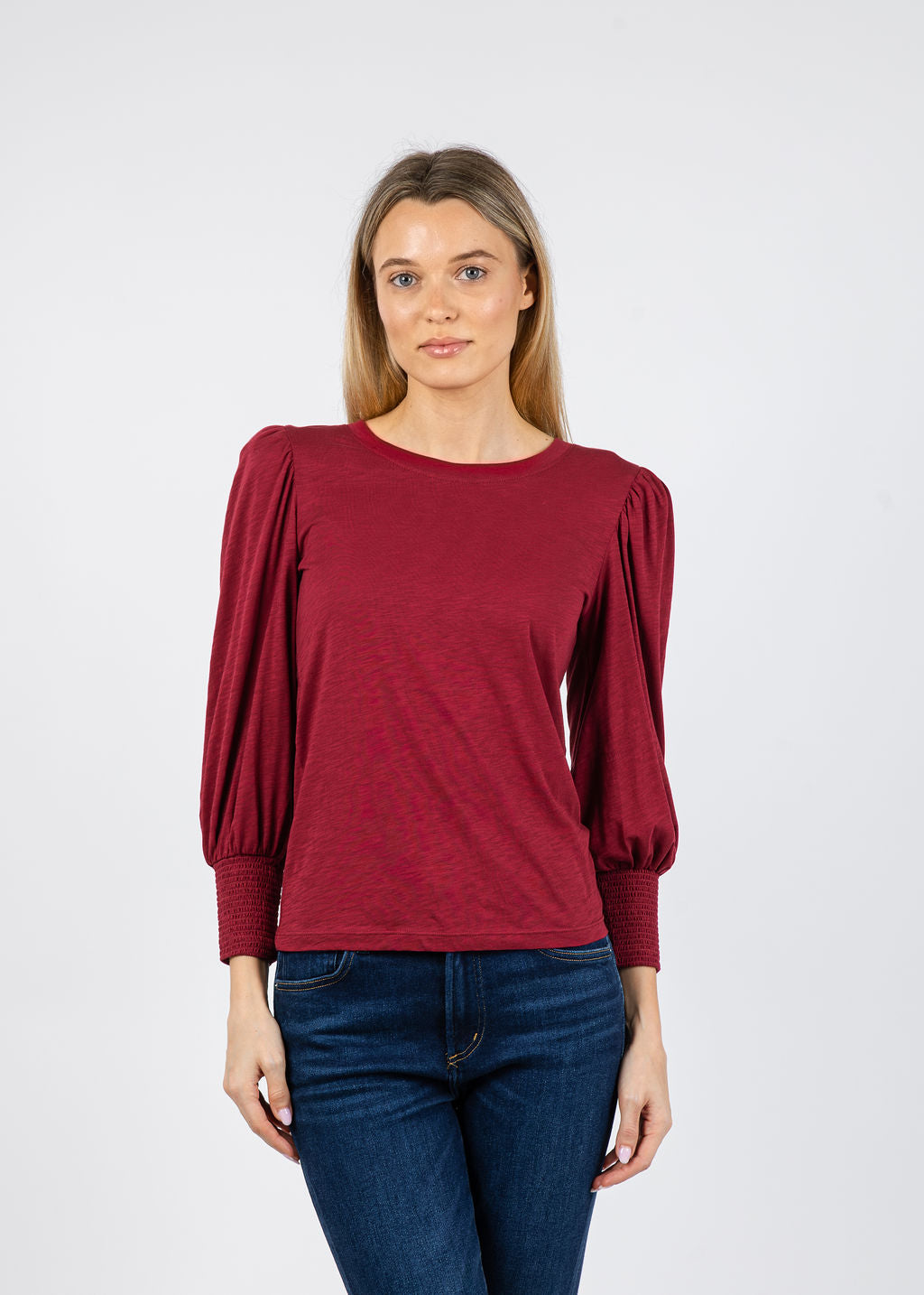 Nation Los Angeles Loren Smocked Peasant Tee in Sangria available at Barbara Katz