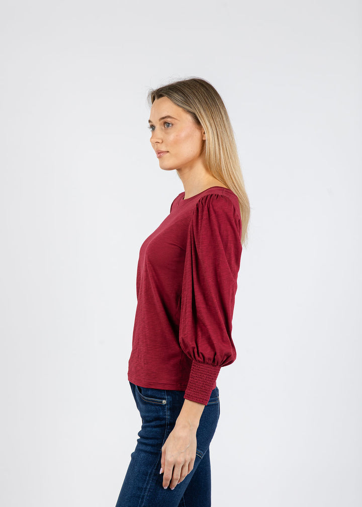 Nation Los Angeles Loren Smocked Peasant Tee in Sangria available at Barbara Katz