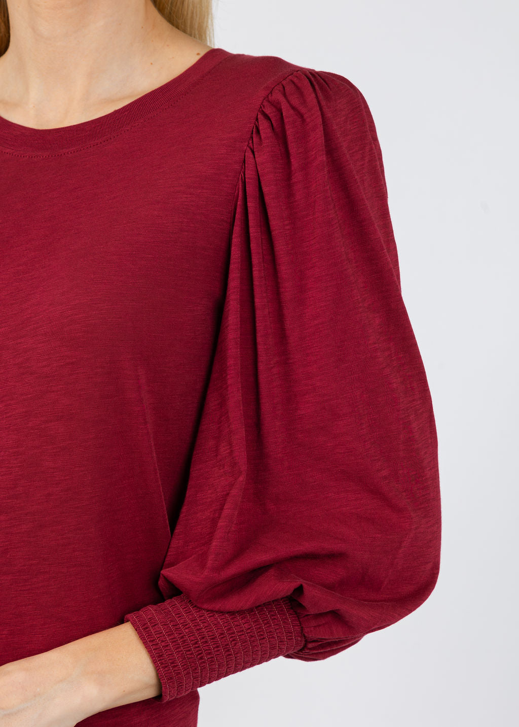 Nation Los Angeles Loren Smocked Peasant Tee in Sangria available at Barbara Katz