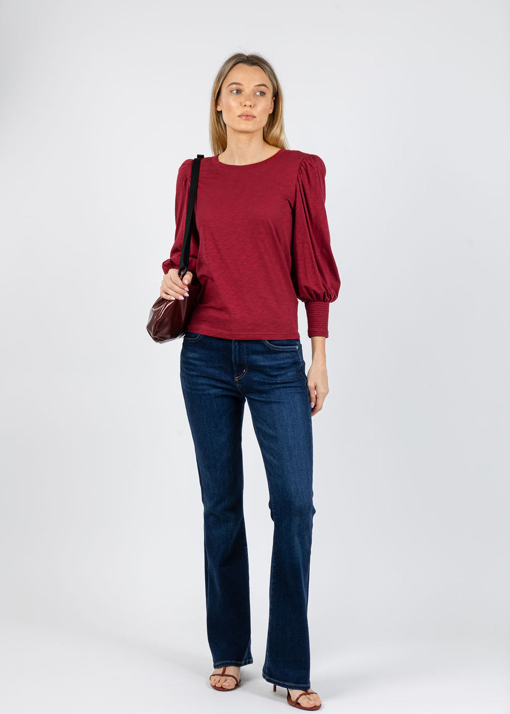 Nation Los Angeles Loren Smocked Peasant Tee in Sangria available at Barbara Katz