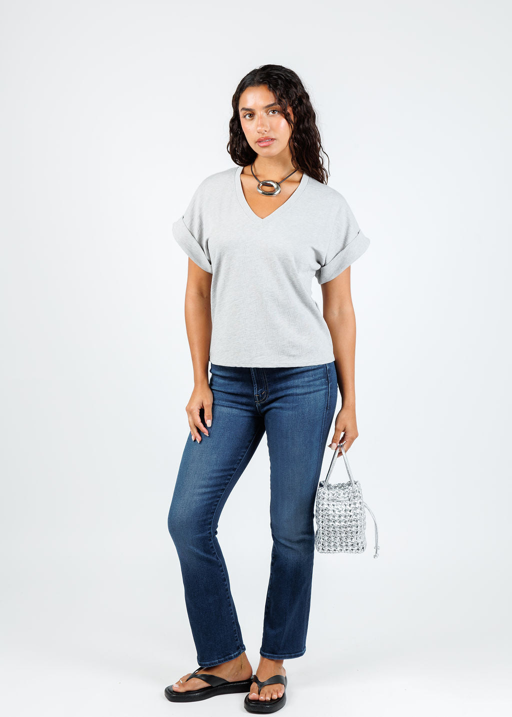 Nation Stevie Cuffed V-Neck Tee in Heather Grey available at Barbara Katz